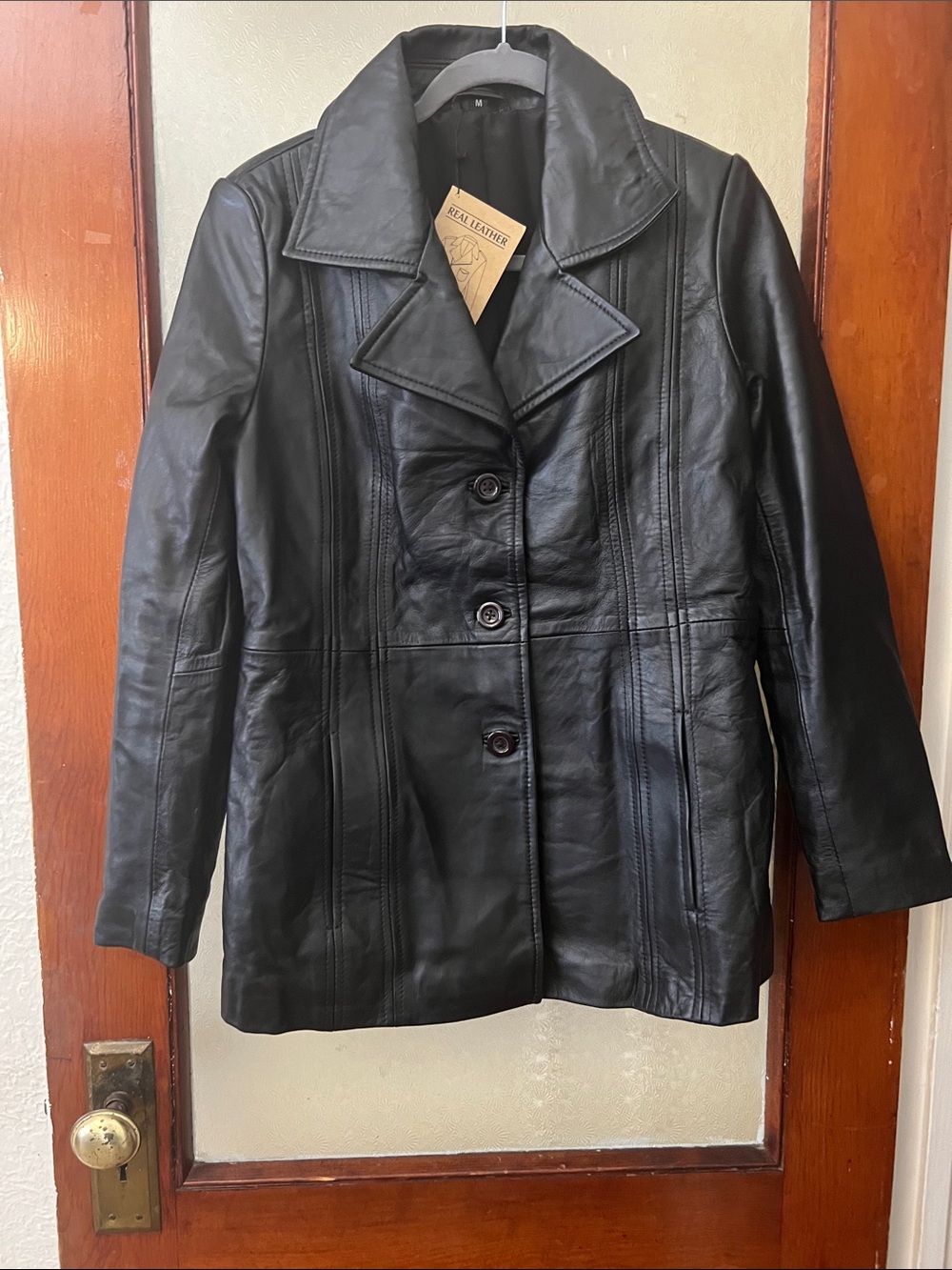 Women's Black Leather Button-Front Jacket